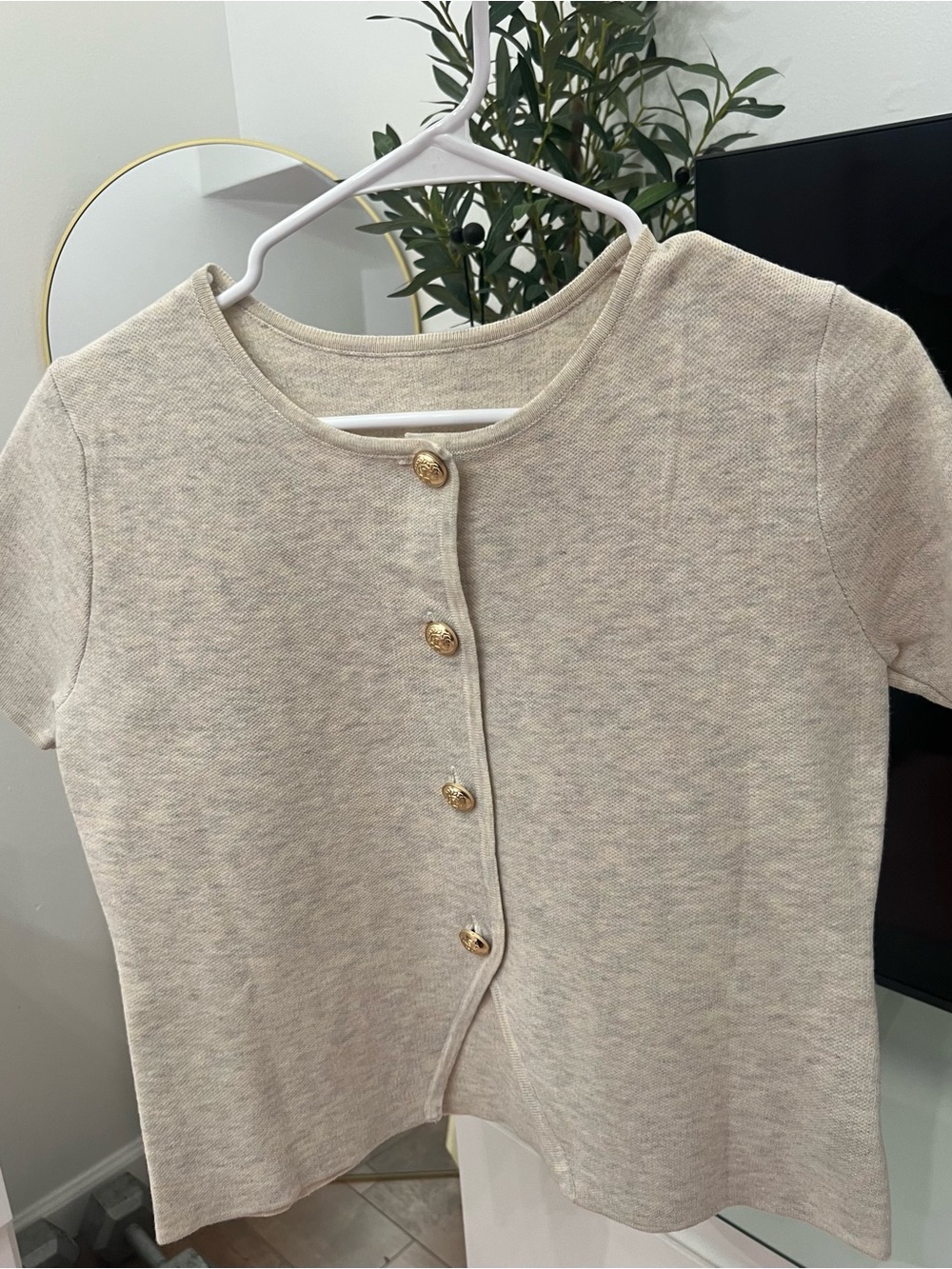 Beige Short-Sleeve Button Front Knit Top with Gold Buttons